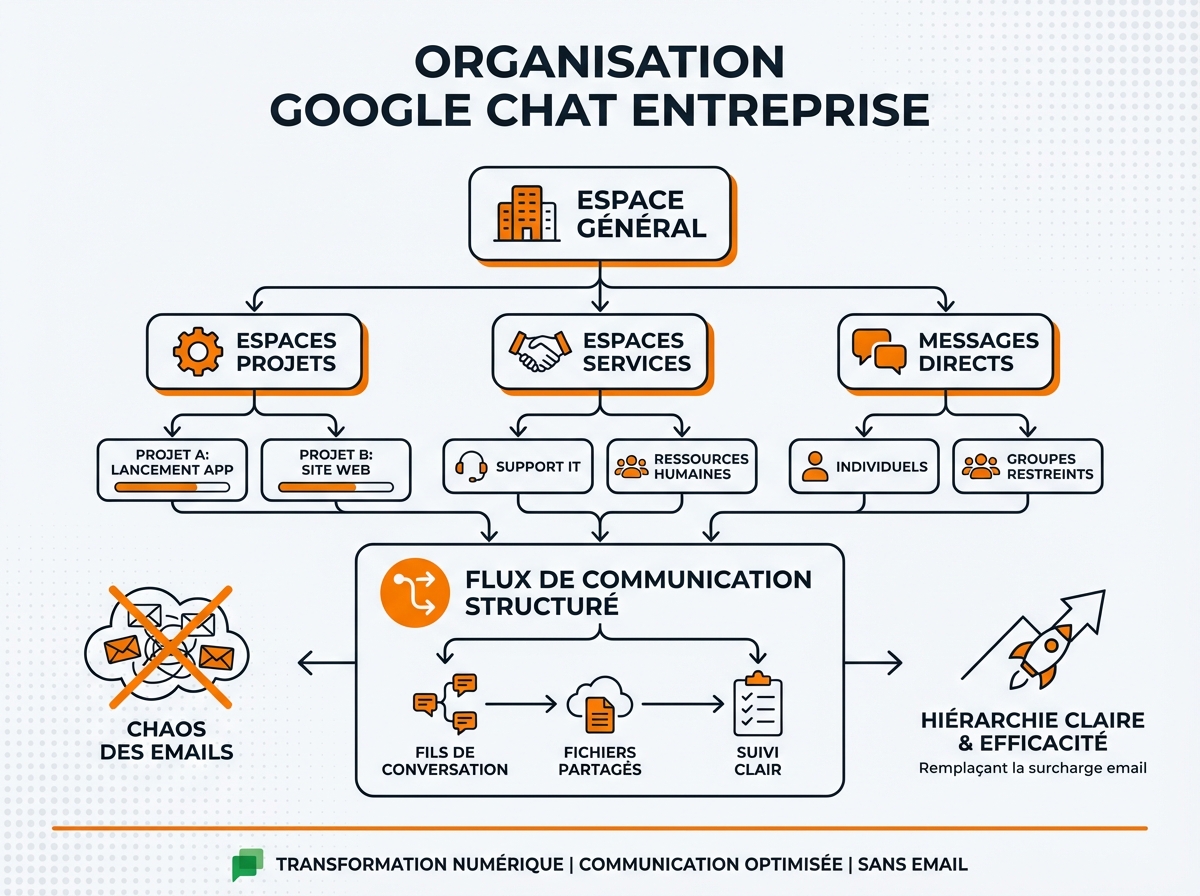 Google Chat et Spaces - interface messagerie avec conversations organisées par espaces thématiques